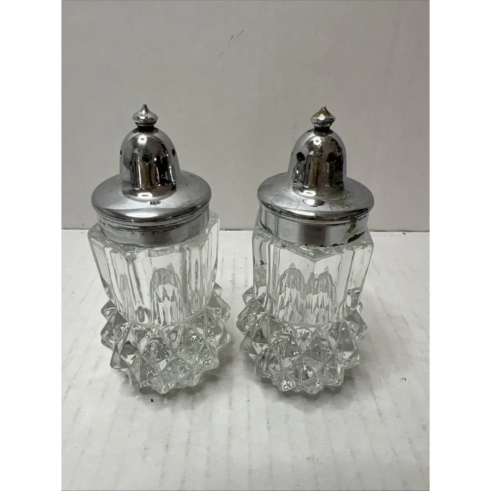 VINTAGE ~DIAMOND CUT GLASS SALT & PEPPER SHAKERS